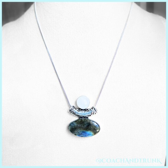 Labradorite Moonstone Decorative Bail Pendant Sterling Necklace Handcrafted NWOT - Picture 3 of 9